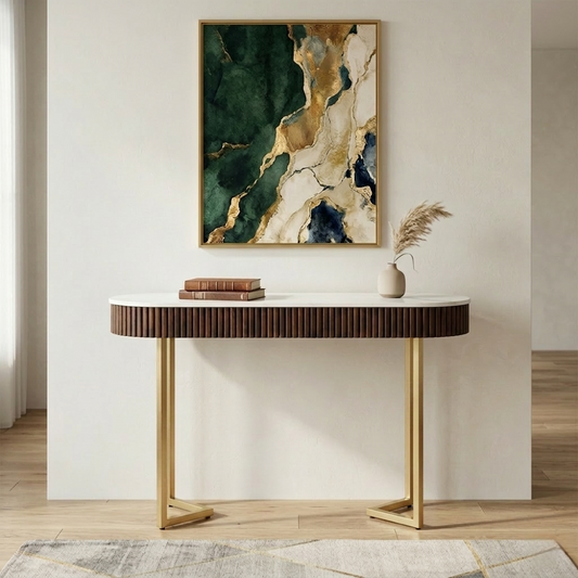 Metallic Electroplated Golden Console Table with Fluted Design Mango Wood and White Porcelain Top - styled room view