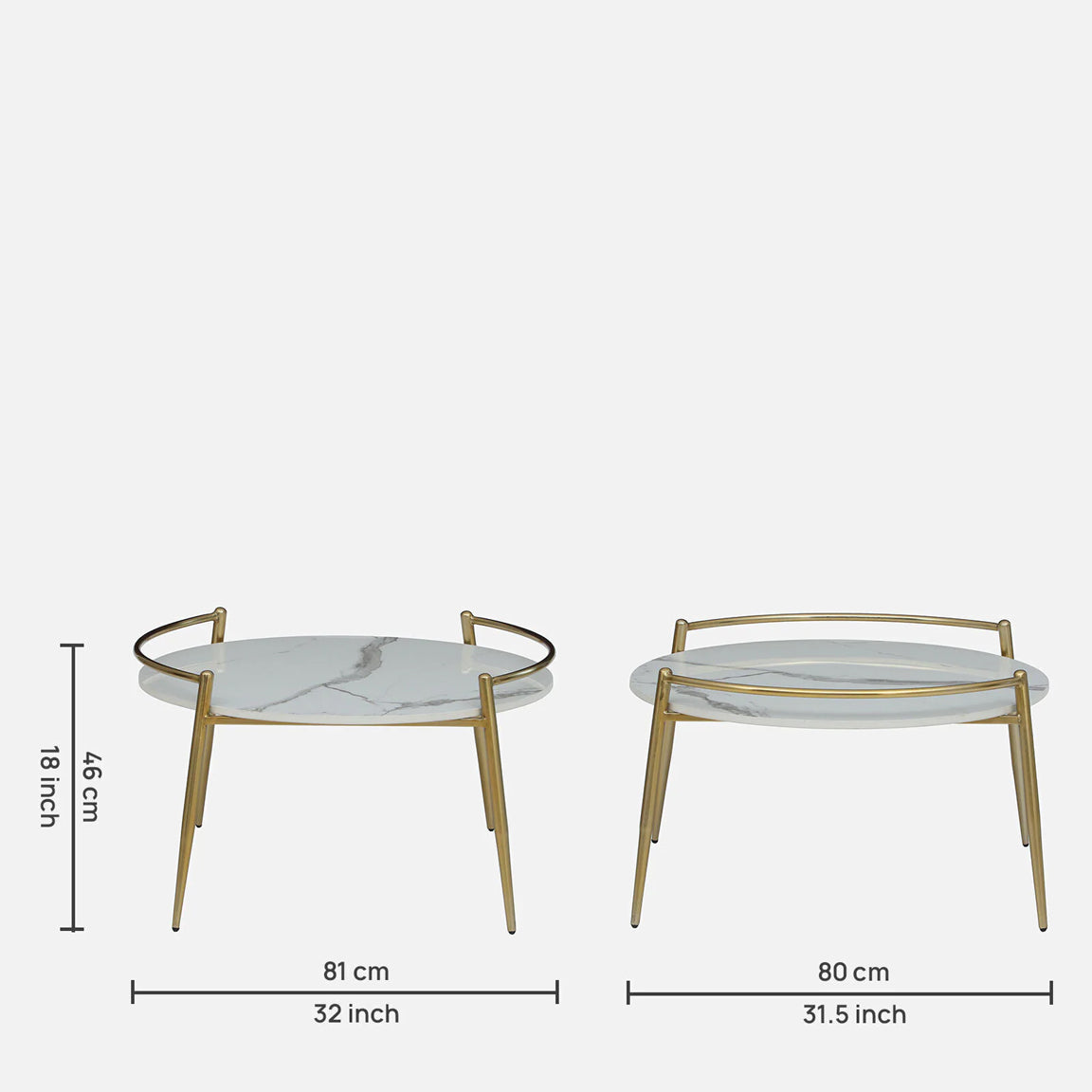 Metallic Round Coffee Table in Electroplatted Gold Finish with White Porcelain Top - dimensions