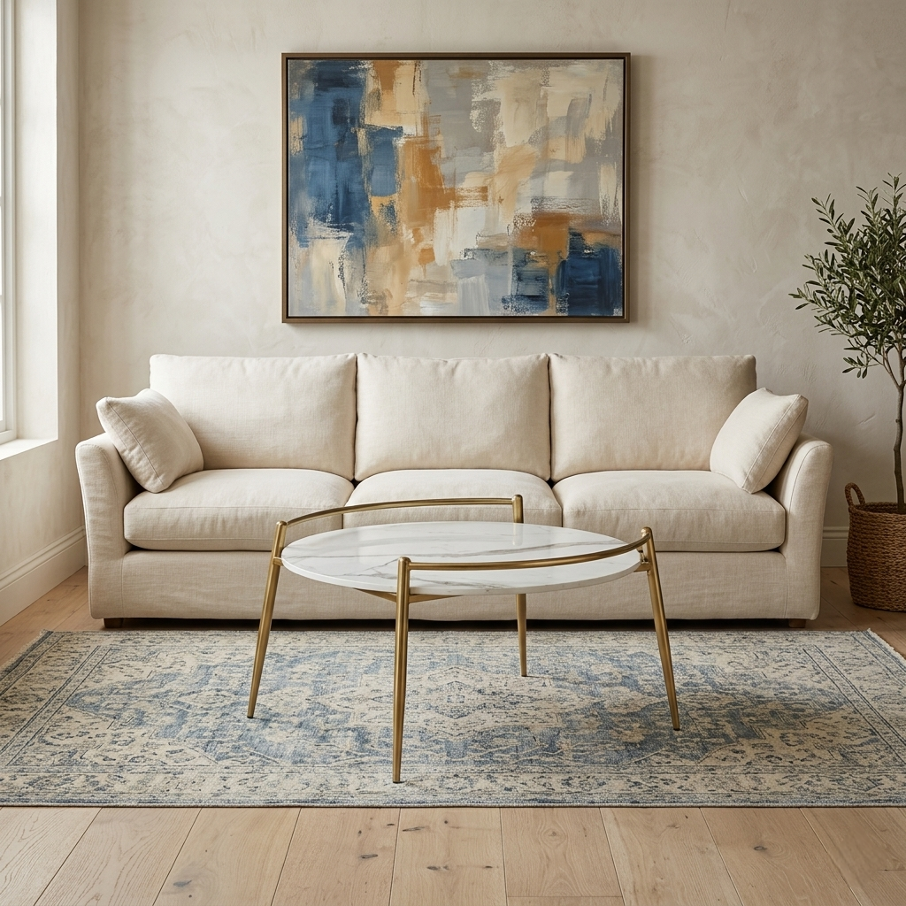 Metallic Round Coffee Table in Electroplatted Gold Finish with White Porcelain Top - styled room view