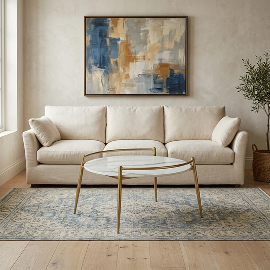 Metallic Round Coffee Table in Electroplatted Gold Finish with White Porcelain Top - styled room view