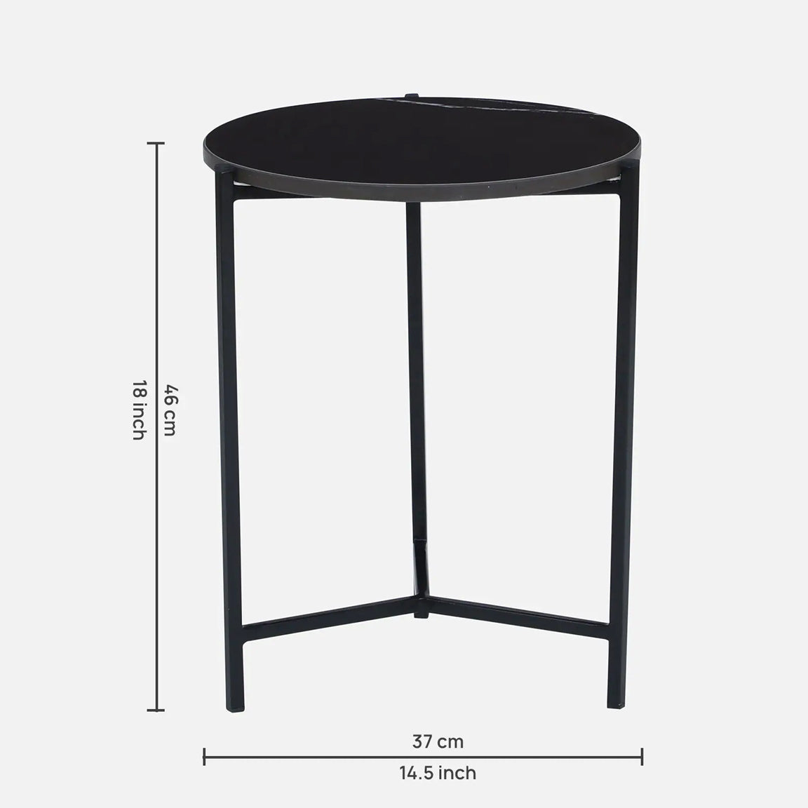 Metallic Side Table in Black Finish and Black Porcelain Top - dimensions