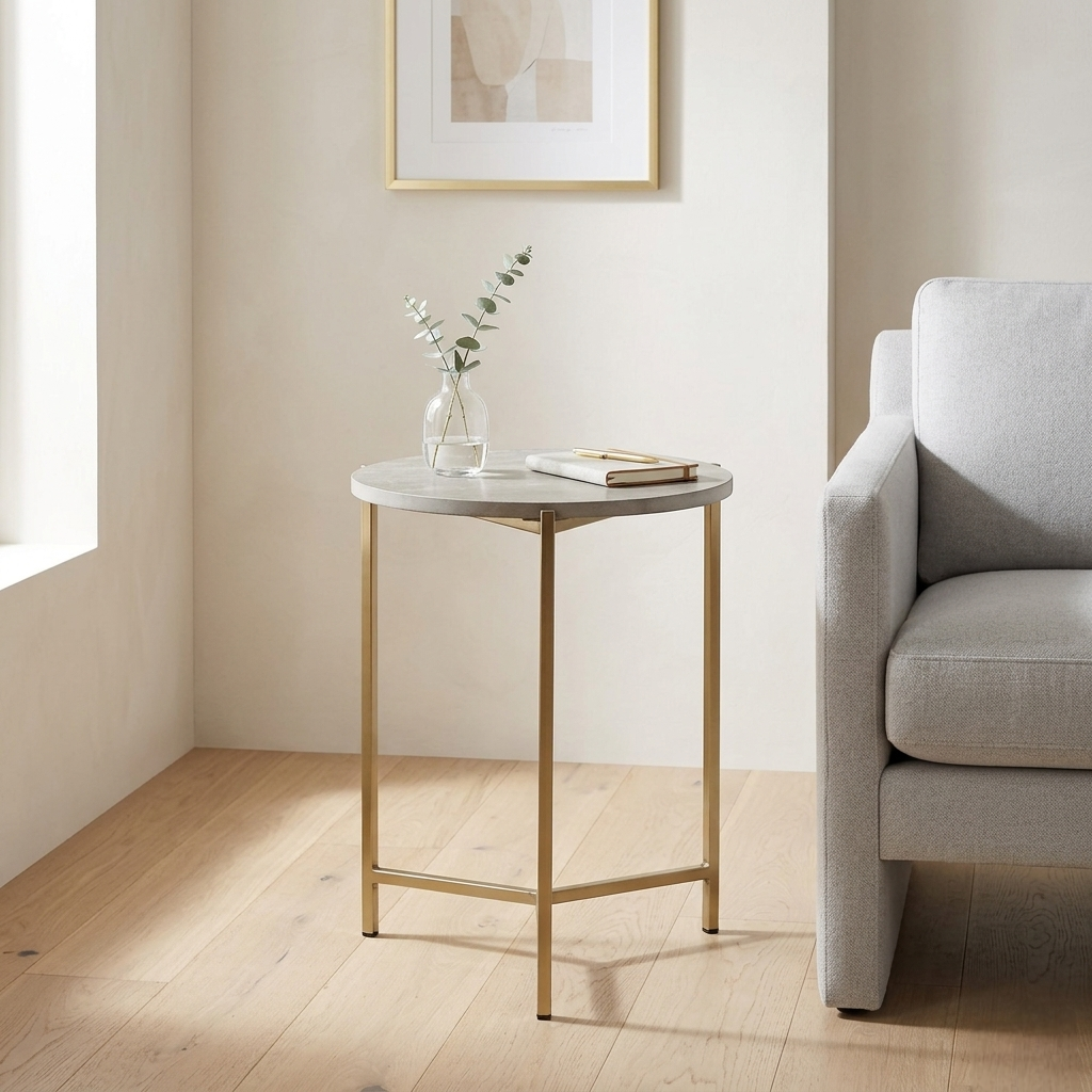 Metallic Side Table in Golden Electroplated Finish and Travertine Top - styled room view