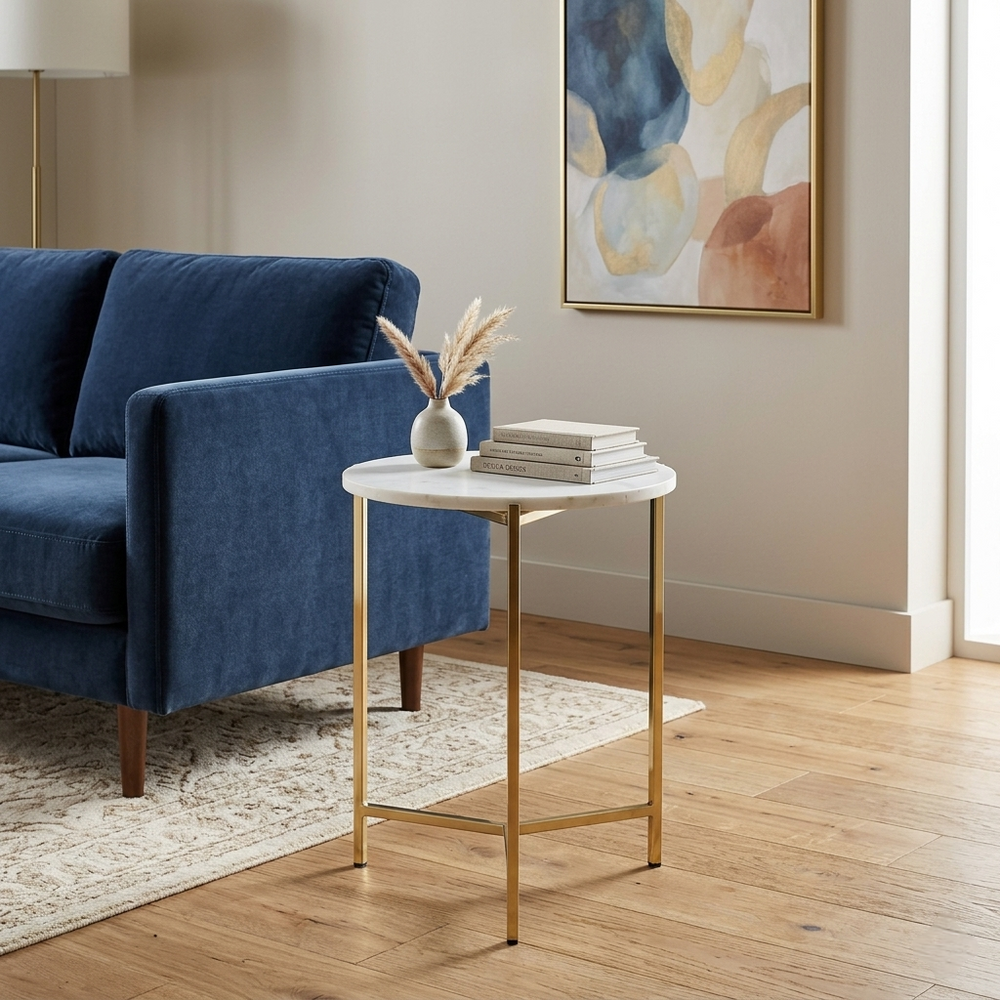 Metallic Side Table in Golden Electroplated Finish and White Porcelain Top - styled room view
