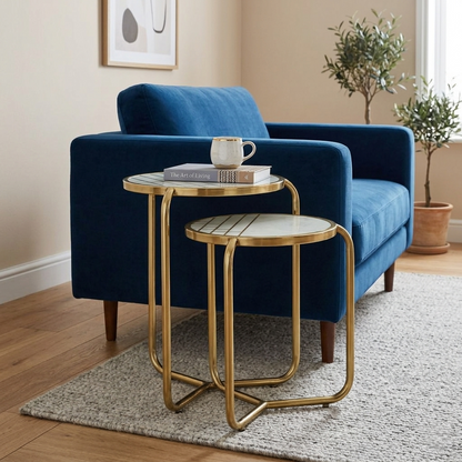 Metallic Set of 2 Side Table with Marble Top Brass Inlay and Golden Electroplating - styled room view