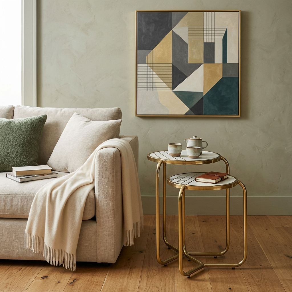 Metallic Set of 2 Side Table with Marble Top Brass Inlay and Golden Electroplating - styled room view