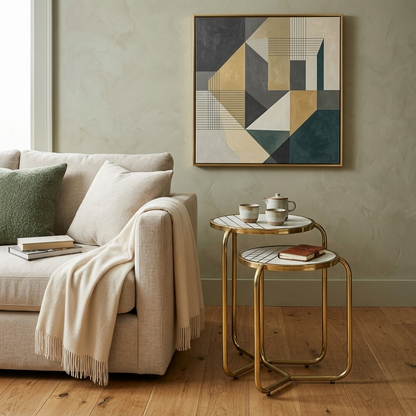 Metallic Set of 2 Side Table with Marble Top Brass Inlay and Golden Electroplating - styled room view