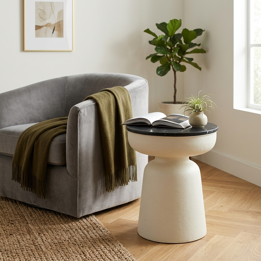 Metallic White Side Table with Black Marble Top - styled room view