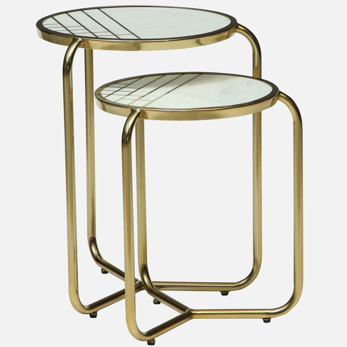Metallic Set of 2 Side Table with Marble Top Brass Inlay and Golden Electroplating