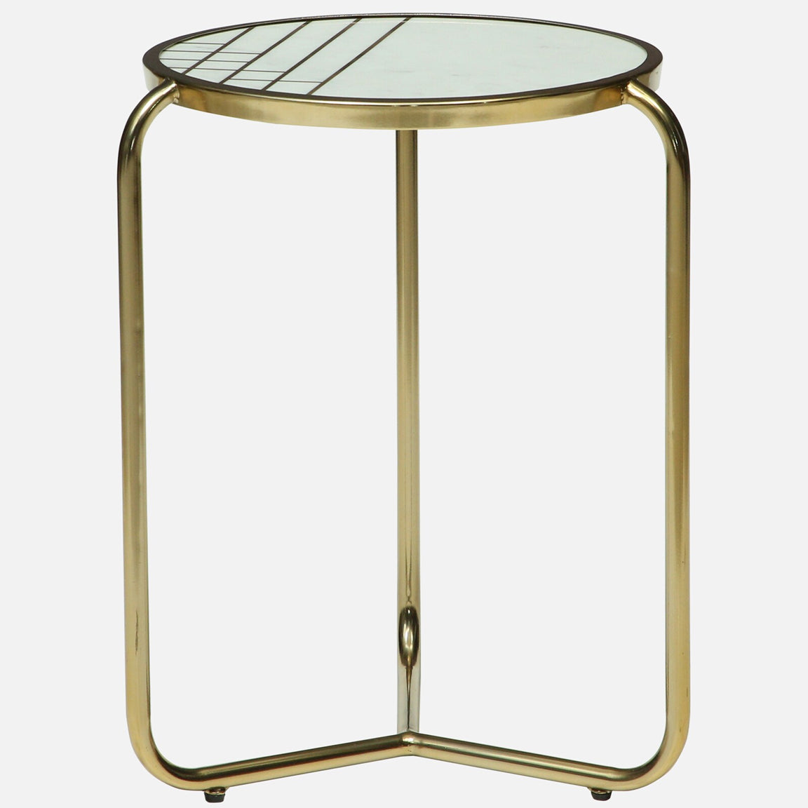 Metallic Set of 2 Side Table with Marble Top Brass Inlay and Golden Electroplating - large table front view