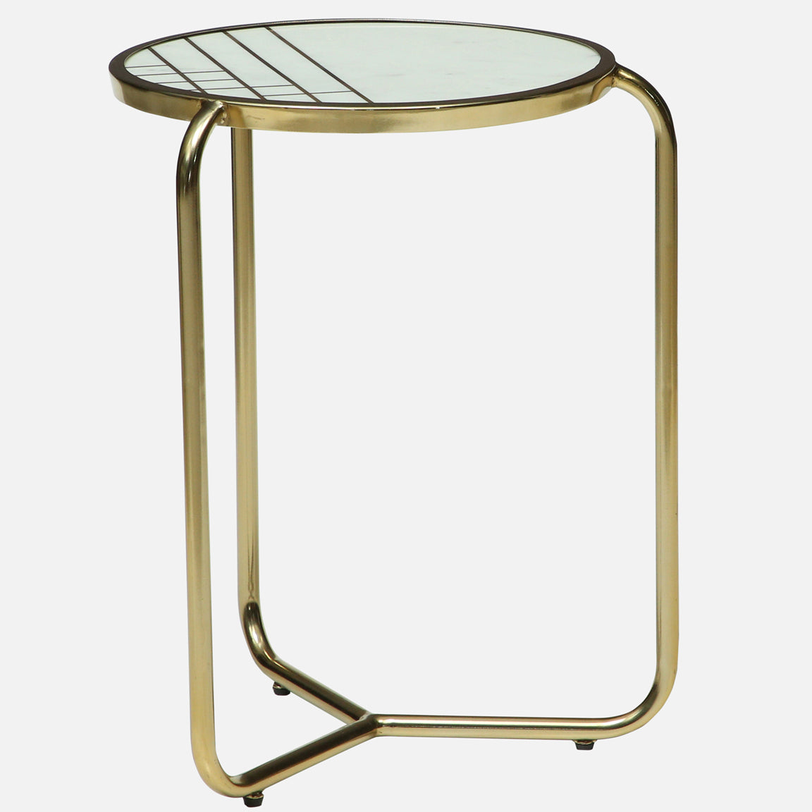 Metallic Set of 2 Side Table with Marble Top Brass Inlay and Golden Electroplating - large table side view