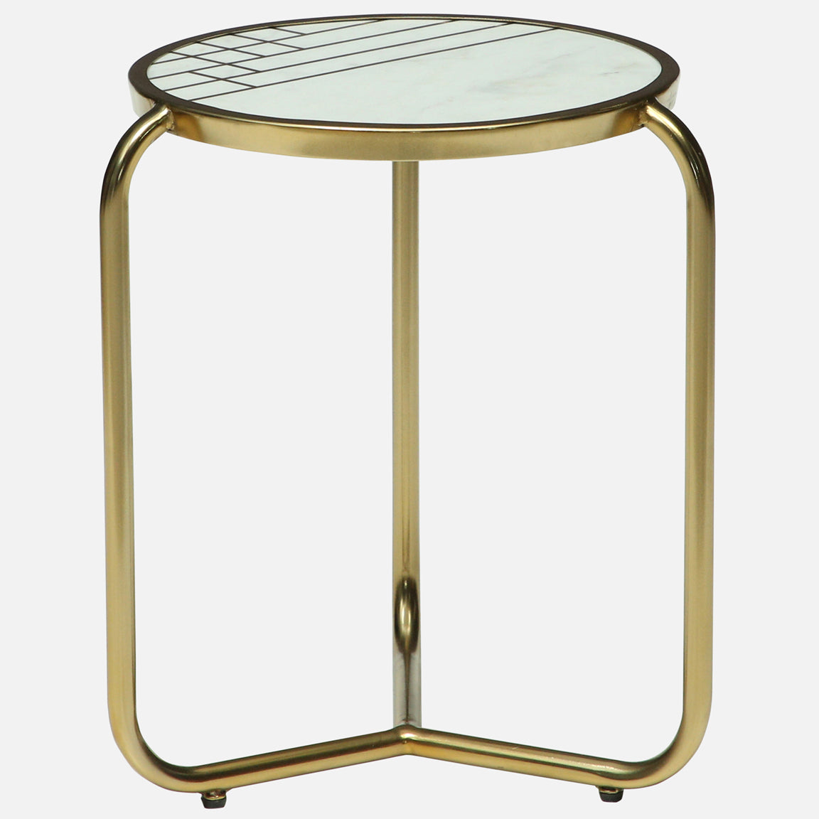 Metallic Set of 2 Side Table with Marble Top Brass Inlay and Golden Electroplating - small table front view