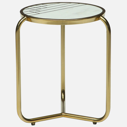 Metallic Set of 2 Side Table with Marble Top Brass Inlay and Golden Electroplating - small table front view