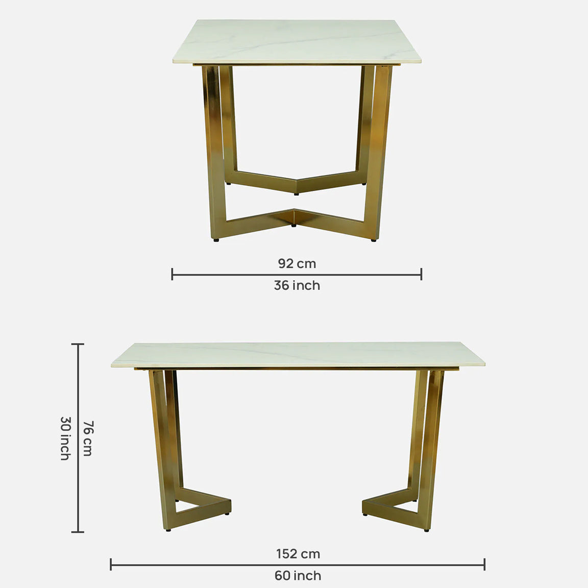 Rectangle Metallic 6 Seater Dining Table with White Porcelain Top - dimensions