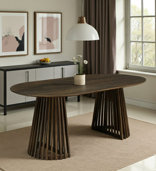 Oval Dining Table with Dark Wood Top and Dual Slatted Pedestal Bases