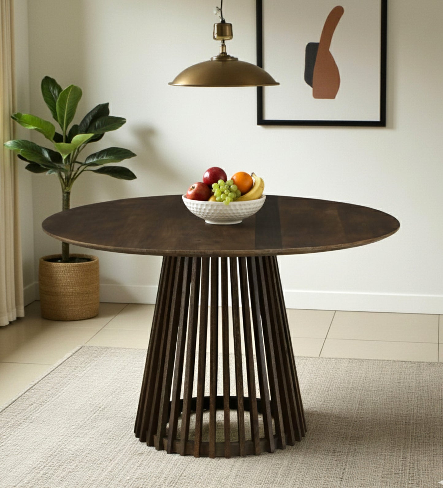 Round Dining Table with Dark Wood Top and Slatted Pedestal Base