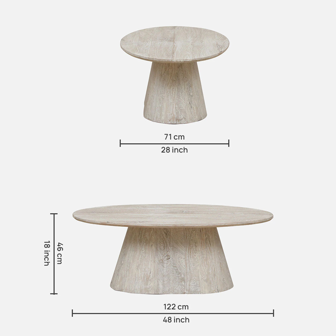 Sandblasted Mango Wood Coffee Table in Whitewash Finish - dimensions