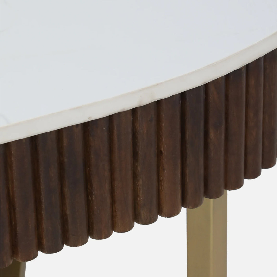 Sheesham Wood Coffee Table with Matt Gold Legs and White Porcelain Top and in Fluted Design - close-up detail