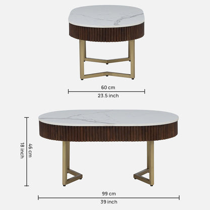 Sheesham Wood Coffee Table with Matt Gold Legs and White Porcelain Top and in Fluted Design - dimensions