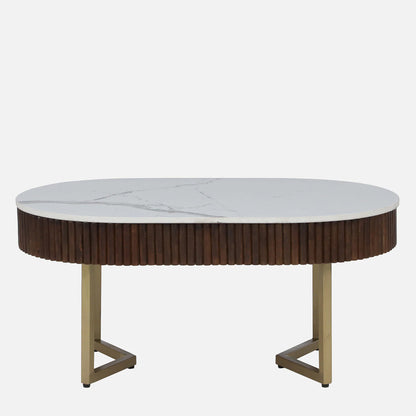 Sheesham Wood Coffee Table with Matt Gold Legs and White Porcelain Top and in Fluted Design - front view