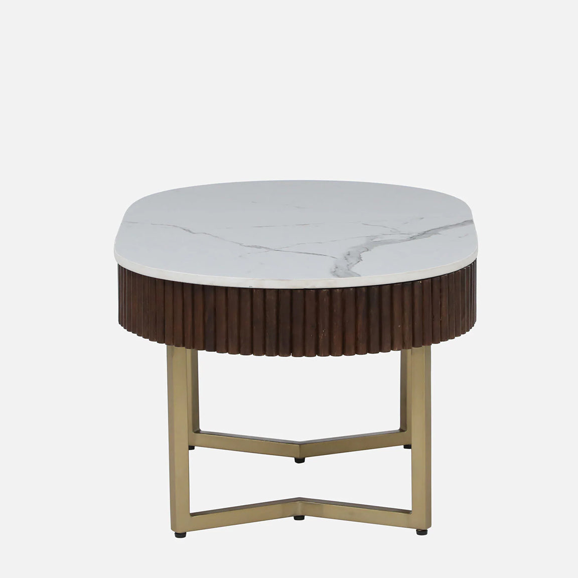 Sheesham Wood Coffee Table with Matt Gold Legs and White Porcelain Top and in Fluted Design - side view