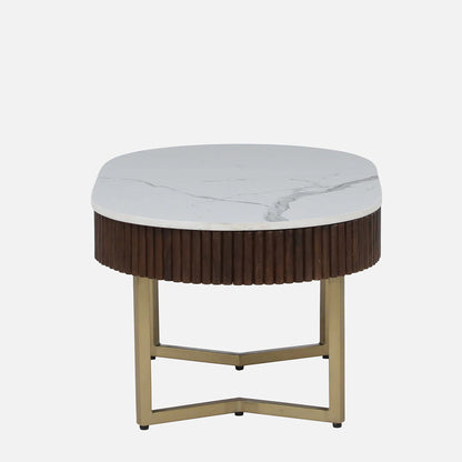 Sheesham Wood Coffee Table with Matt Gold Legs and White Porcelain Top and in Fluted Design - side view