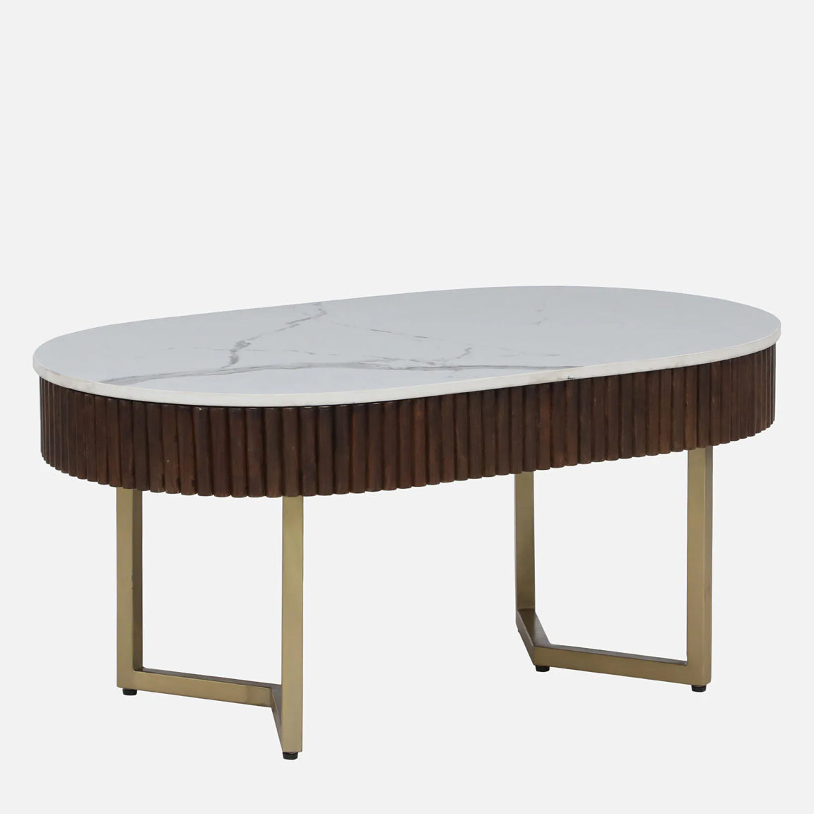 Sheesham Wood Coffee Table with Matt Gold Legs and White Porcelain Top and in Fluted Design
