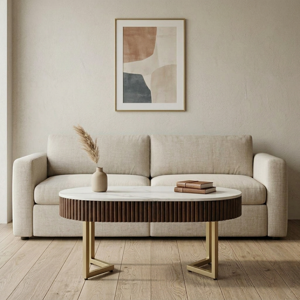 Sheesham Wood Coffee Table with Matt Gold Legs and White Porcelain Top and in Fluted Design - styled room view
