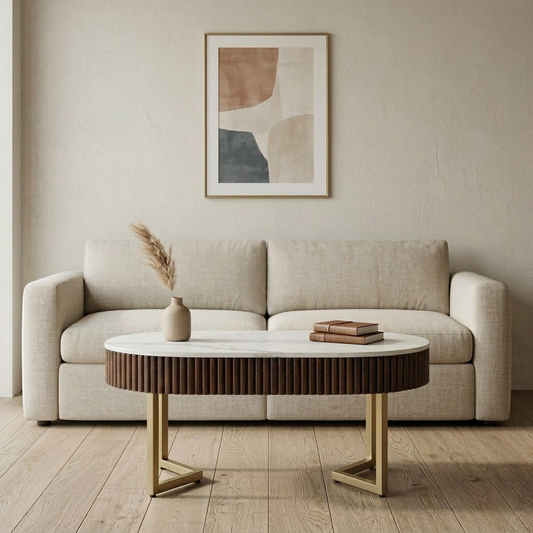 Sheesham Wood Coffee Table with Matt Gold Legs and White Porcelain Top and in Fluted Design - styled room view