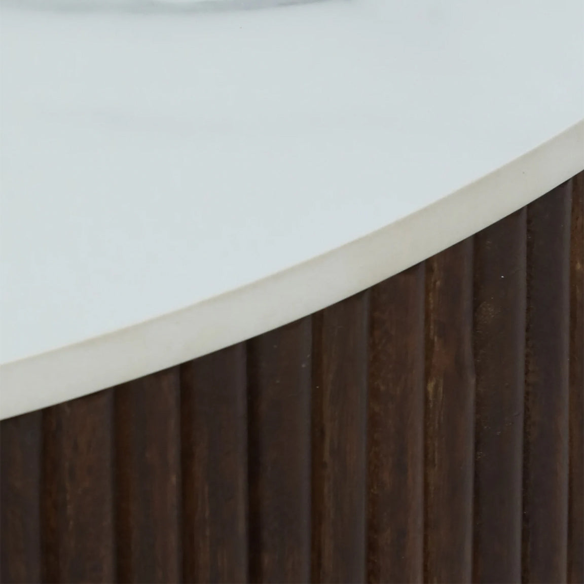 Sheesham Wood Coffee Table with White Porcelain Top and in Fluted Design - close-up detail