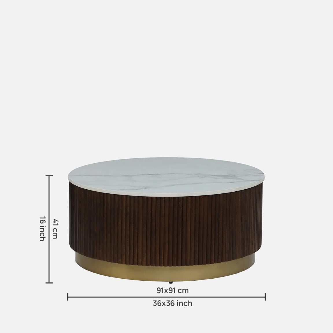 Sheesham Wood Coffee Table with White Porcelain Top and in Fluted Design - dimensions