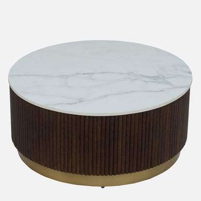 Sheesham Wood Coffee Table with White Porcelain Top and in Fluted Design - upholstery detail