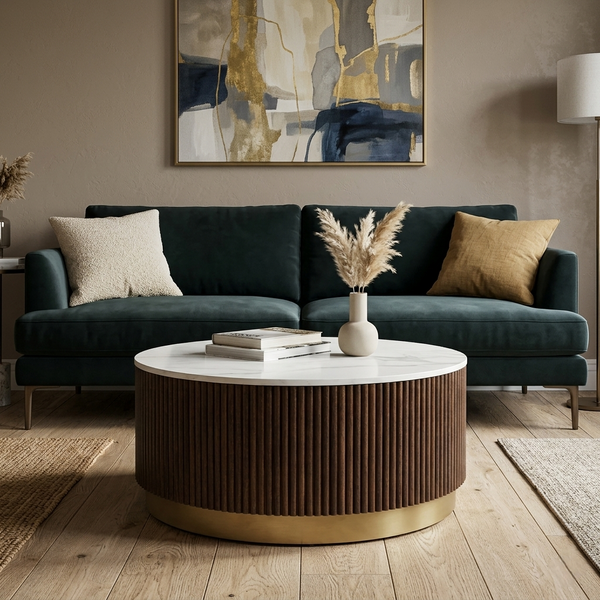 Sheesham Wood Coffee Table with White Porcelain Top and in Fluted Design - styled room view