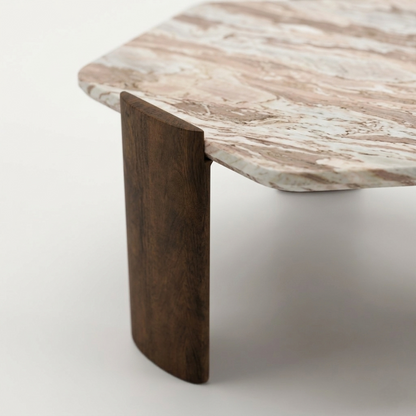 Solid Mango Wood Hexagon Coffee Table with Sawar Marble Top - close-up detail