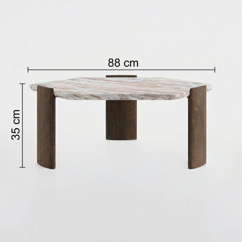 Solid Mango Wood Hexagon Coffee Table with Sawar Marble Top - dimensions