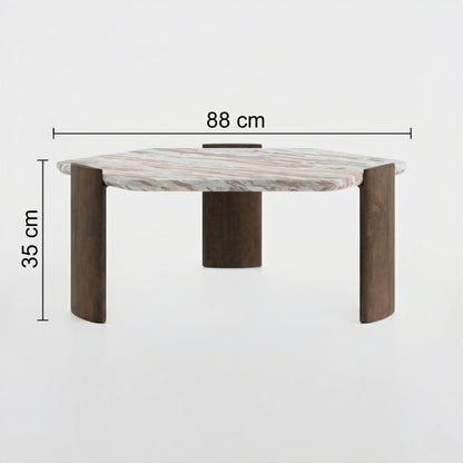 Solid Mango Wood Hexagon Coffee Table with Sawar Marble Top - dimensions