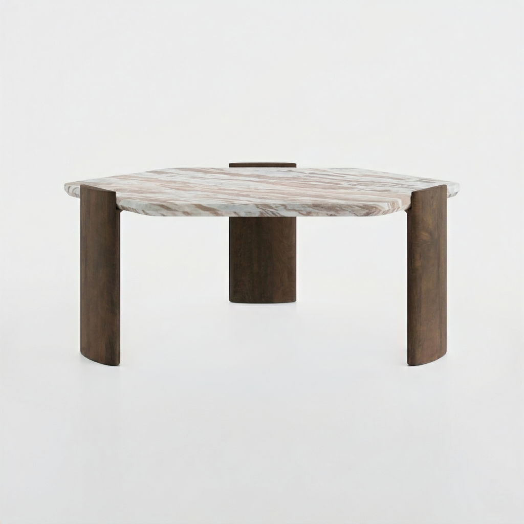 Solid Mango Wood Hexagon Coffee Table with Sawar Marble Top - front view
