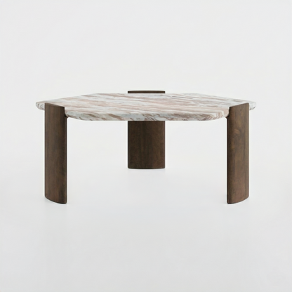 Solid Mango Wood Hexagon Coffee Table with Sawar Marble Top - front view
