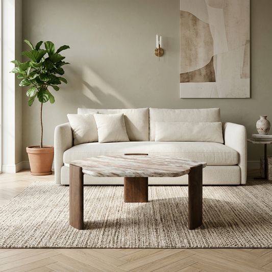 Solid Mango Wood Hexagon Coffee Table with Sawar Marble Top - styled room view