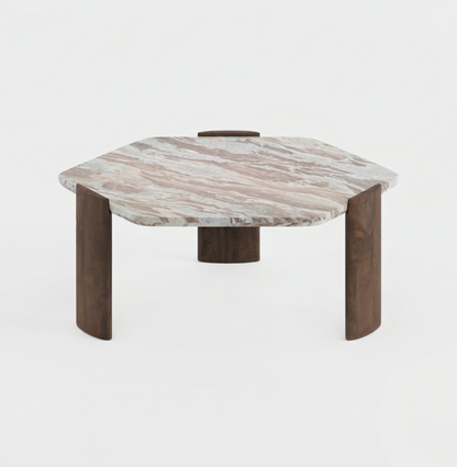 Solid Mango Wood Hexagon Coffee Table with Sawar Marble Top