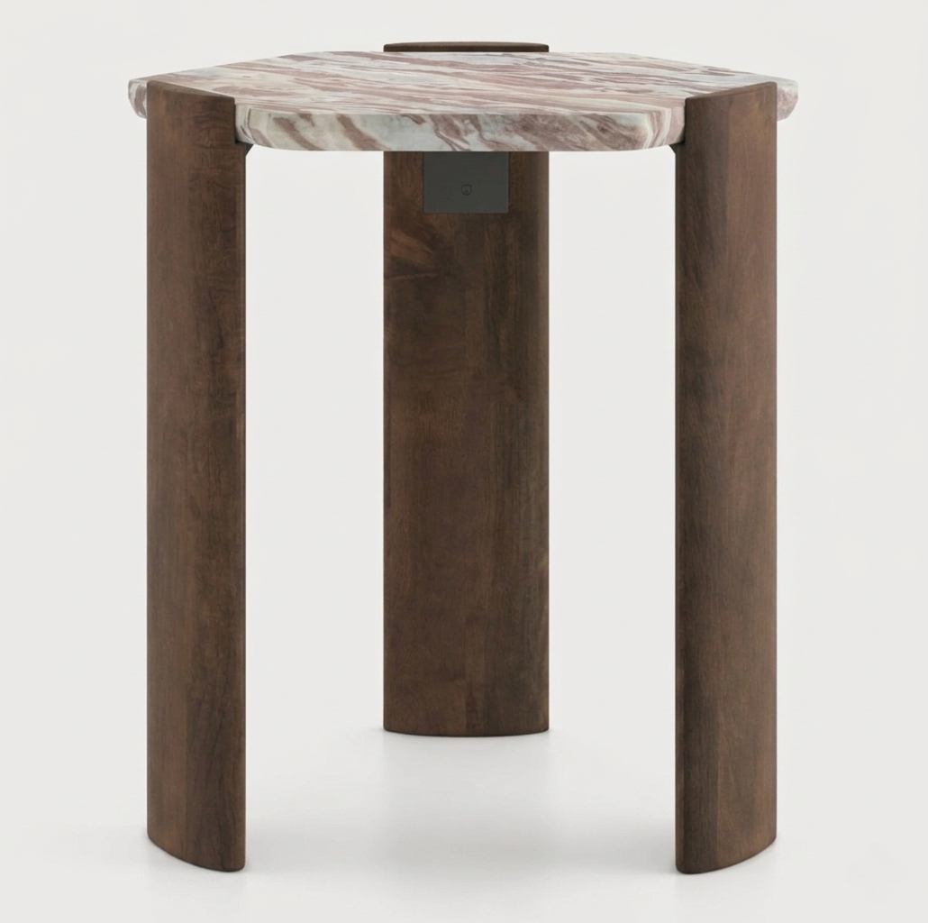 Solid Mango Wood Hexagon Side Table with Sawar Marble Top - front view