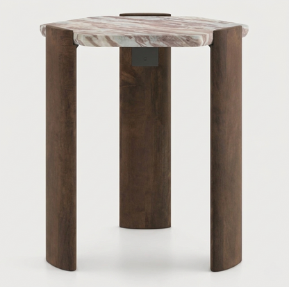 Solid Mango Wood Hexagon Side Table with Sawar Marble Top - front view