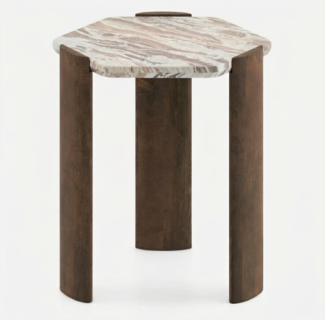 Solid Mango Wood Hexagon Side Table with Sawar Marble Top