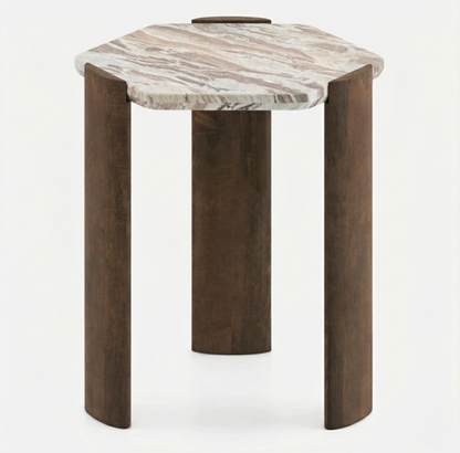 Solid Mango Wood Hexagon Side Table with Sawar Marble Top