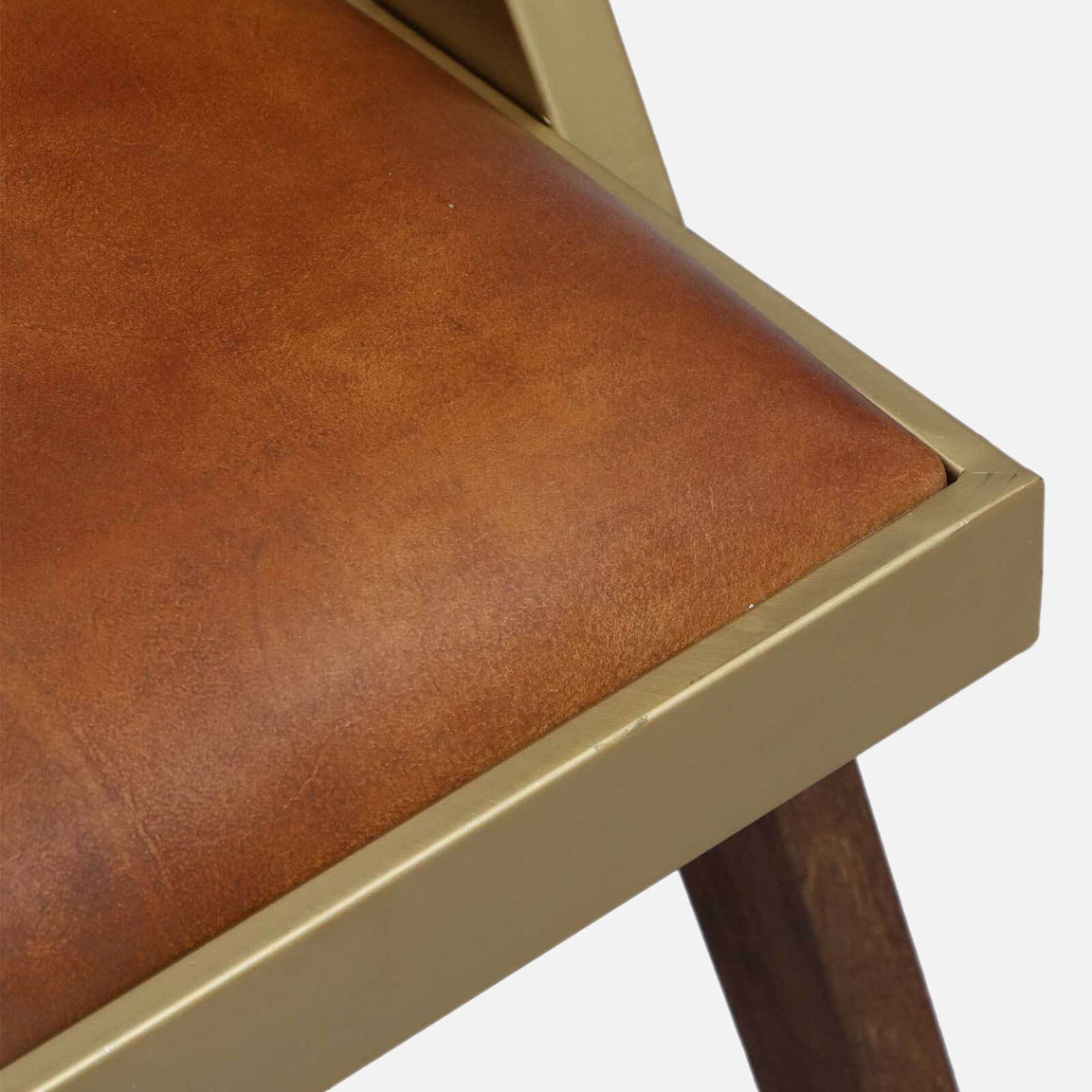 Solid Wood and Metallic Arm Chair with Rattan Back and Leather Seat - detail view