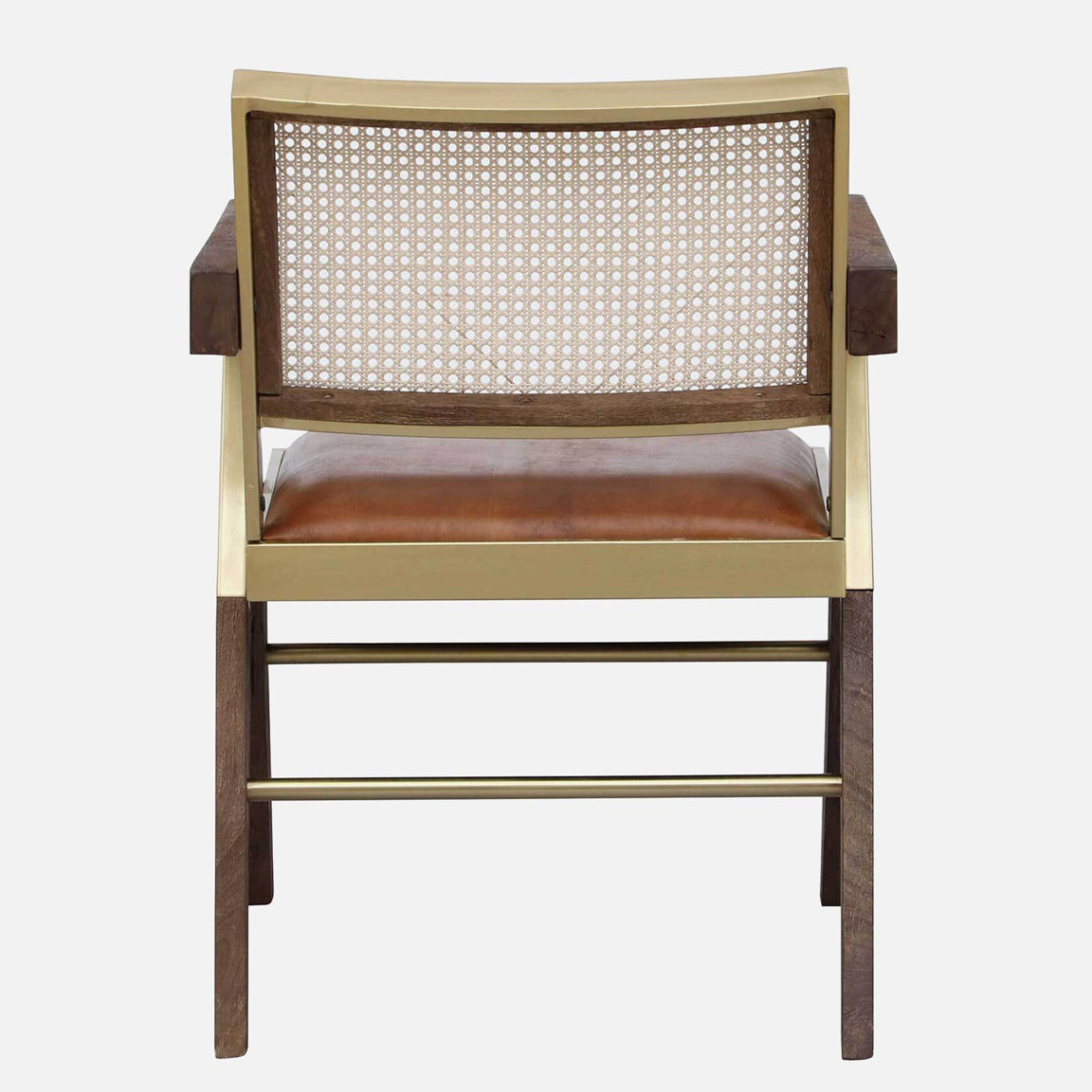 Solid Wood and Metallic Arm Chair with Rattan Back and Leather Seat - back view