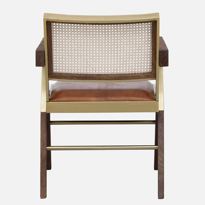 Solid Wood and Metallic Arm Chair with Rattan Back and Leather Seat - back view