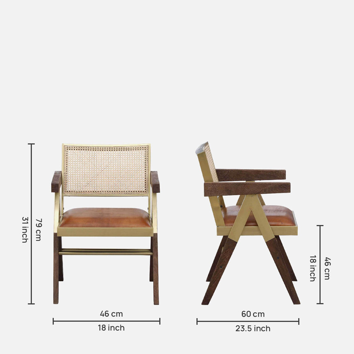 Solid Wood and Metallic Arm Chair with Rattan Back and Leather Seat - dimensions