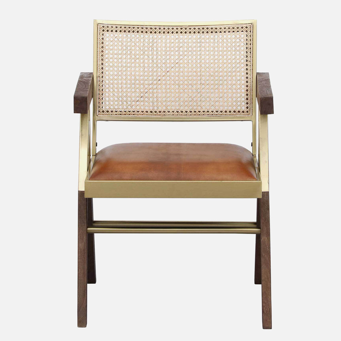 Solid Wood and Metallic Arm Chair with Rattan Back and Leather Seat - front view