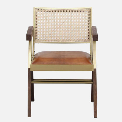 Solid Wood and Metallic Arm Chair with Rattan Back and Leather Seat - front view