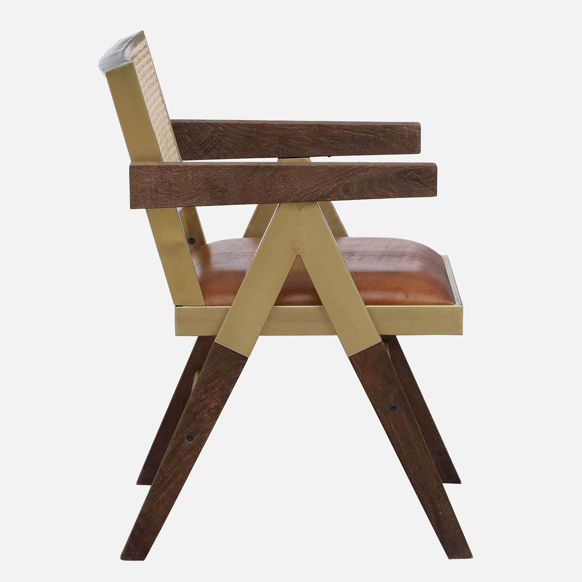 Solid Wood and Metallic Arm Chair with Rattan Back and Leather Seat - side view